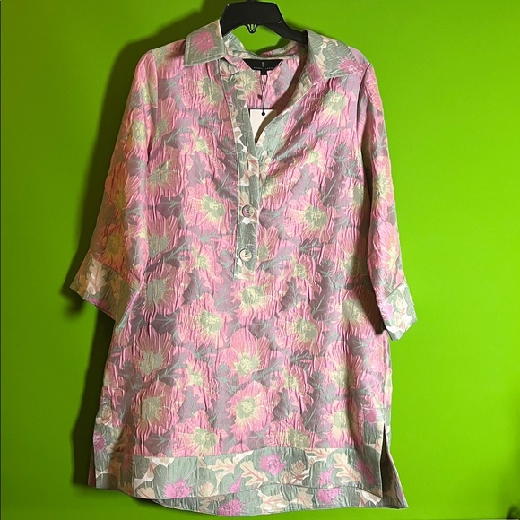 Abbey Glass Piper Jacquard Floral Print V-Neck 3/4 Sleeve Caftan Mini Dress L - Picture 2 of 6